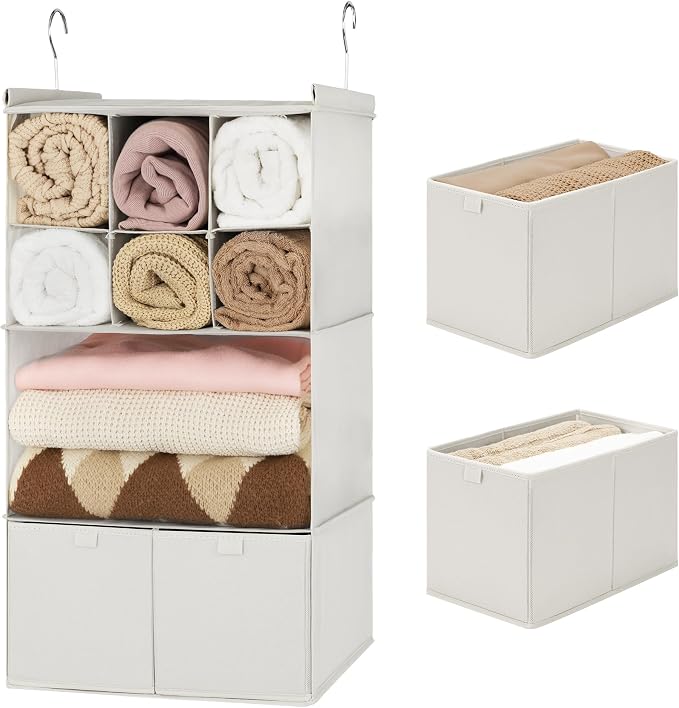 GRANNY SAYS Hanging Closet Organizer with Drawers, 4 Shelf Dividers Closet Hanging Organizer, Foldable Hanging Shelves for Clothes Organizer, Small Closet Organizers and Storage, Beige