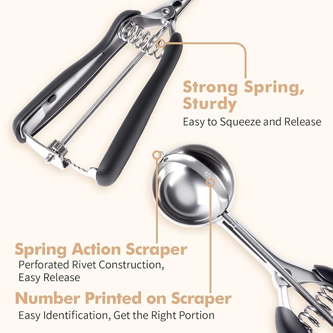 Cookie Scoop set, Cookie Scoops for Baking Set of 3, Size #60/ #40/ #20, Cookie Dough Scoop, Non-Slip Grip, Blue/Black/Mint Handle, For Cookies Muffin Cupcake Meatball Ice Cream