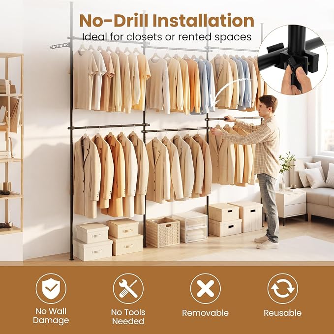 Giantex Floor to Ceiling Clothes Rack, Heavy Duty Garment Rack Adjustable | Tension Pole Closet System w/ Folding Drying Rack, Reacher Pole, Metal Garment Organizer for Bedroom, Laundry Room, Closet