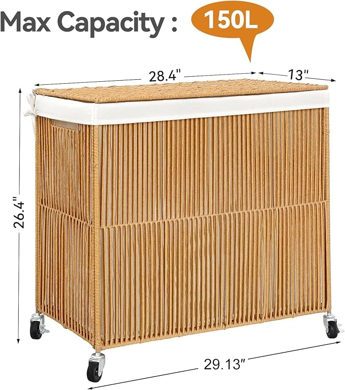 WOWLIVE Laundry Basket 3 Section, Handwoven Laundry Hamper with Wheels | Rolling Clothes Hamper with Lid and Divided Removable Bag, 160L Large Laundry Sorter, Laundry Room Organization, Natural