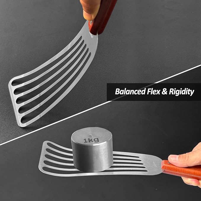 2 Pack Fish Spatula Turner, Stainless Steel Slotted Spatulas for Flipping, Turning, Frying & Grilling, 3"x6"+4"x8" Metal Slotted Spatulas, Wooden Full Tang Handle & Curved Blade