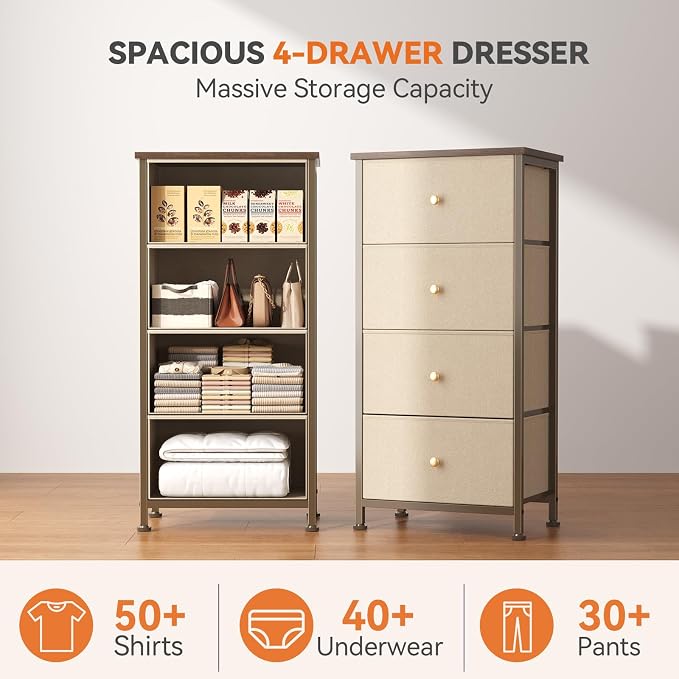 Sweetcrispy Dresser for Bedroom, 4 Drawer Storage Cabinet, Tall Nightstand | Small Fabric Dresser for Closet, Chest of Drawers, Closet Organizer, Home Furniture, Sturdy Frame, Khaki