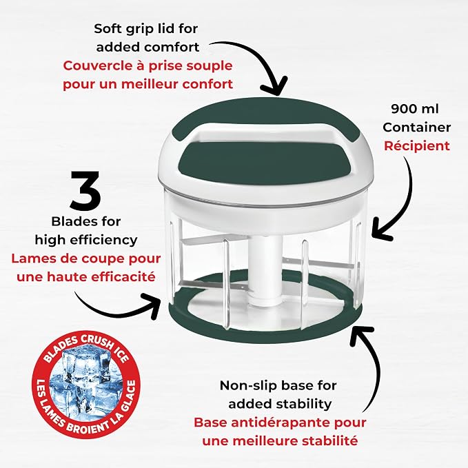 Starfrit Pull Chopper - Multi Purpose Manual Food Processor - Three Blade System for a Faster Cut - From Large Chunks to Purée - Self-Retracting Cord - Fruits, Vegetables, Meats and Crushes Ice
