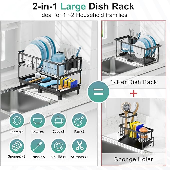 GSlife Large Dish Drying Rack - 2 Tier Dish Rack for Kitchen Counter, Expandable Capacity Dish Drainer Rack with Removable Cutlery Holder, 15.7''-20.7''L x 9.8" D x 13.4" H, Black