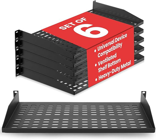 Pyle 19-Inch 1U Server Rack Shelf - 6 pcs. Vented Metal Shelves for Optimal Airflow, Wall or Rack MountableSupports up to 110 lbs, 17 x 10’ Shelf Tray for Cabinets, Computers & Network Equipment