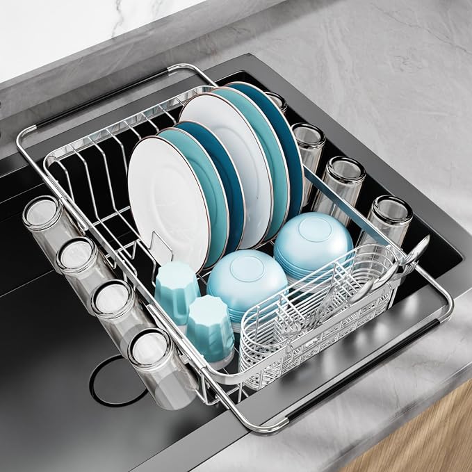 GSlife Dish Drying Rack Over the Sink - Expandable Stainless Steel Drainer | Twist-Lock Adjustable Handle, Cup Hooks, Utensil Holder, Compact Design for Apartments, RVs & Small Kitchens, Rust-Resistant