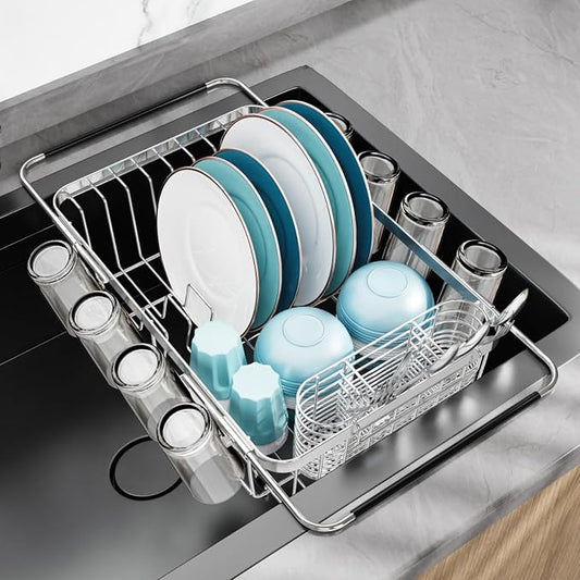 GSlife Dish Drying Rack Over the Sink - Expandable Stainless Steel Drainer | Twist-Lock Adjustable Handle, Cup Hooks, Utensil Holder, Compact Design for Apartments, RVs & Small Kitchens, Rust-Resistant