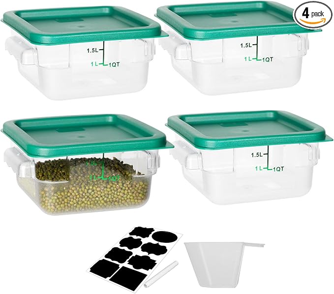 BIEAMA 4 Pack Food Storage Containers, 2 Quart with Lids, Square Commercial Containers with Scale, NSF, Polycarbonate, Clear