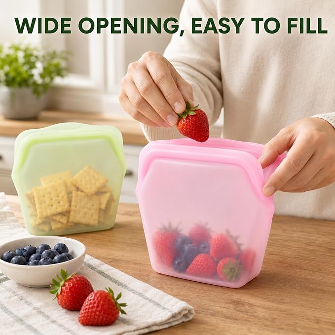 2 Pack Reusable Silicone Food Storage Bags,1000ml Stand-Up Freezer Bags | Leak Proof, Upright Freezer Bags, Odor-Proof, High-Temperature Resistant