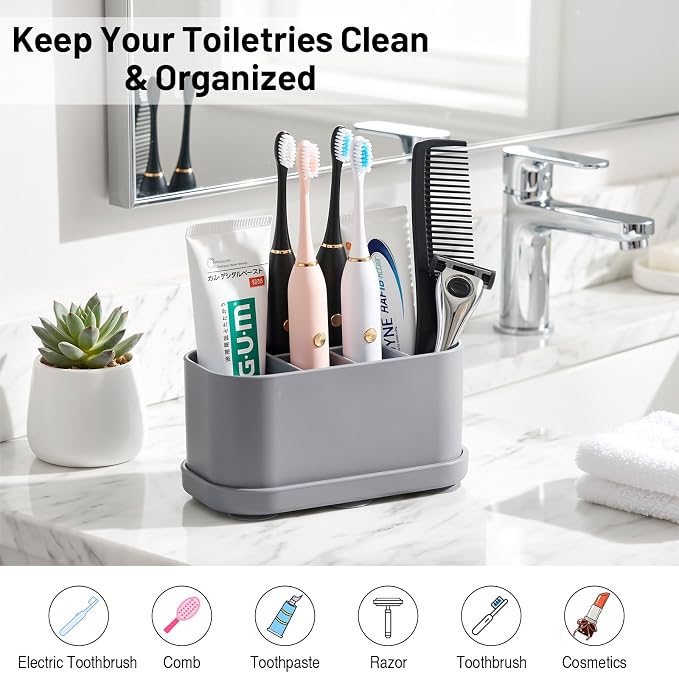 Luxspire Toothbrush Holders for Bathrooms, Silicone, 5 Slots, Gray | Toothbrush Organizer with Suction Cup Tray, Toothbrush Holder with Drainage for Bathroom Countertop