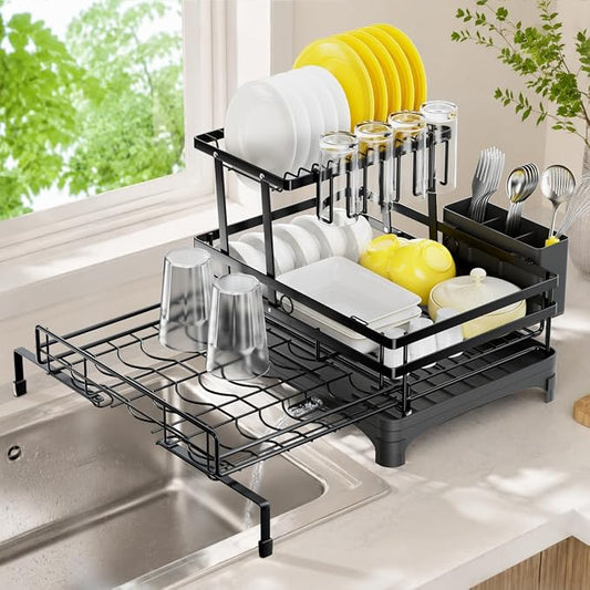 Hanyi 2-Tier Expandable Dish Drying Rack for Counter and Over Sink | Large-capacity rack with foldable upper tier, 15.7-26.4 in over-sink extension, automatic drainage and rust-resistant frame