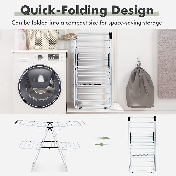 GOFLAME 2-Tier Clothes Drying Rack, Folding Laundry Dry Rack with Adjustable Supporting Bar, 26 Premium Clips, Space-Saving & Collapsible Laundry Hanger for Easy Storage, No Assembly Needed