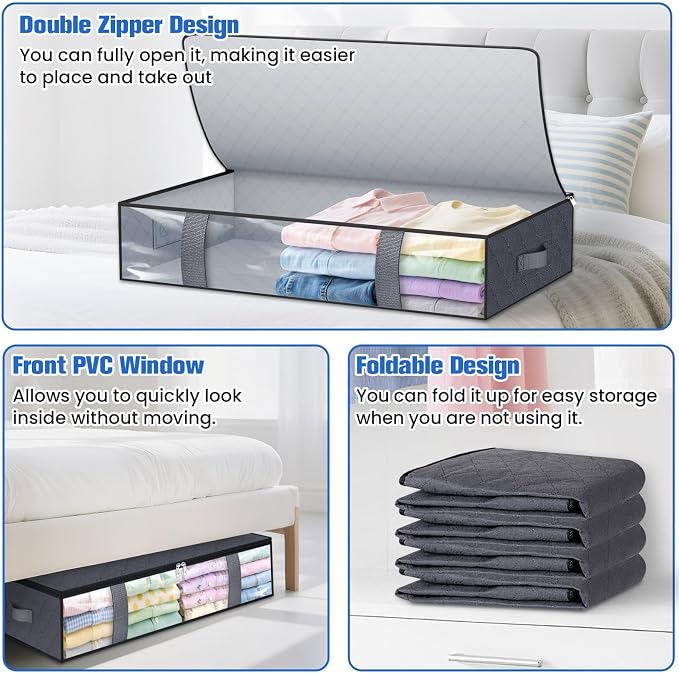TasticTotes Under Bed Storage Containers, 6 Pack Blanket Storage Bags, Collapsible Storage Bags with Big Zippers, Clear Front, Shoe Storage and Organization for Clothes, Comforter, 75L, Grey