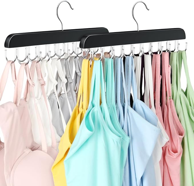 Tank Top Hanger with 40 Hooks for Closet Organizer, Premium Wood Bra Hanger | 2 Pack Foldable Space Saving Hangers Closet Organizers and Storage, Closet Accessories Multi Hook Hanger for Dorm & Apartment