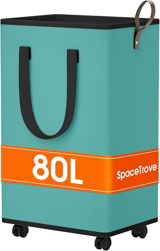 SpaceTrove Rolling Laundry Basket with Wheels, Laundry Hamper, 80L, Green | Collapsible, 4 detachable wheels including 2 with brakes, sturdy handle, metal frame, for dorms, bathrooms and bedrooms