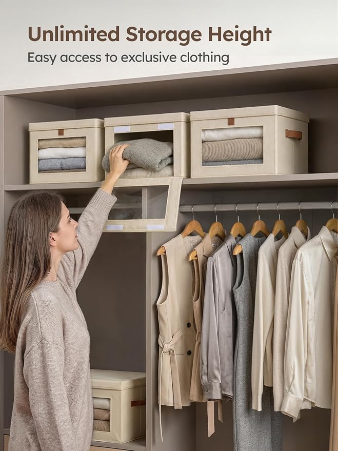 Homsorout Medium Fabric Storage bins - Collapsible Storage Bins with Open Window, 3 Pack Closet Baskets for Shelves, Stackable Decorative Boxes for Home, Dorm, Beige, 13.7"x 9.8" x 9.8"