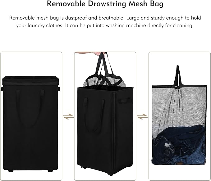 DOKEHOM 90L X-Large Rolling Laundry Basket Hamper on Wheels, Black | Collapsible clothes hamper with removable mesh wash bag. High-capacity foldable washing bin organizer