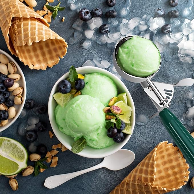 TOPKITCHEN Commercial-Grade Ice Cream Scoop 2.66 oz, 18/8 Stainless Steel Cookie Scoop with Plastic Handle, Portion Control Disher Scoop for Bakeries,Restaurants & Dessert Shops, #12, Green