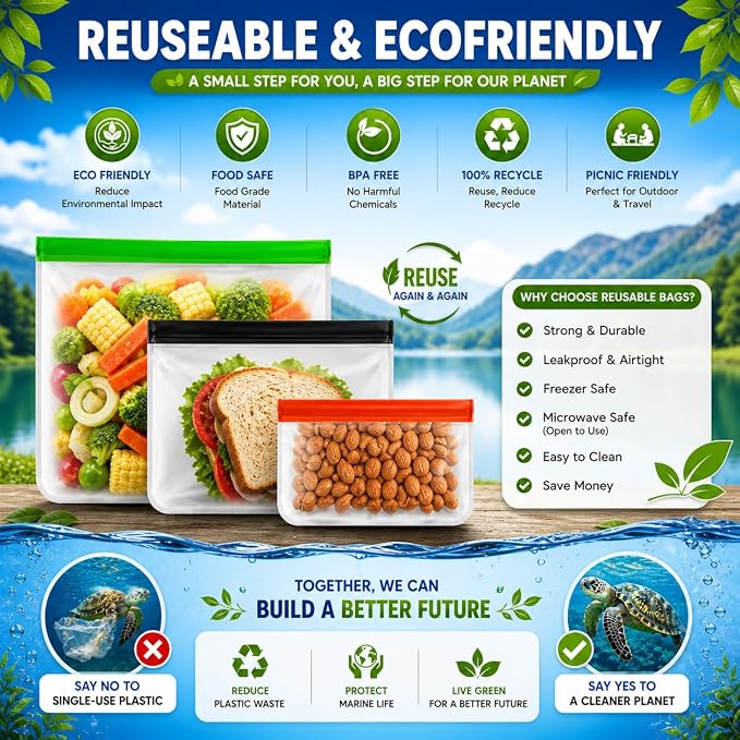 14-Pack Reusable Silicone-Style Ziplock Food Storage Bags – BPA-Free, Leakproof with 4 Snack, 6 Sandwich & 4 Gallon Sizes – Extra Thick, Freezer Safe & Eco-Friendly for Kitchen, Meal Prep & Travel