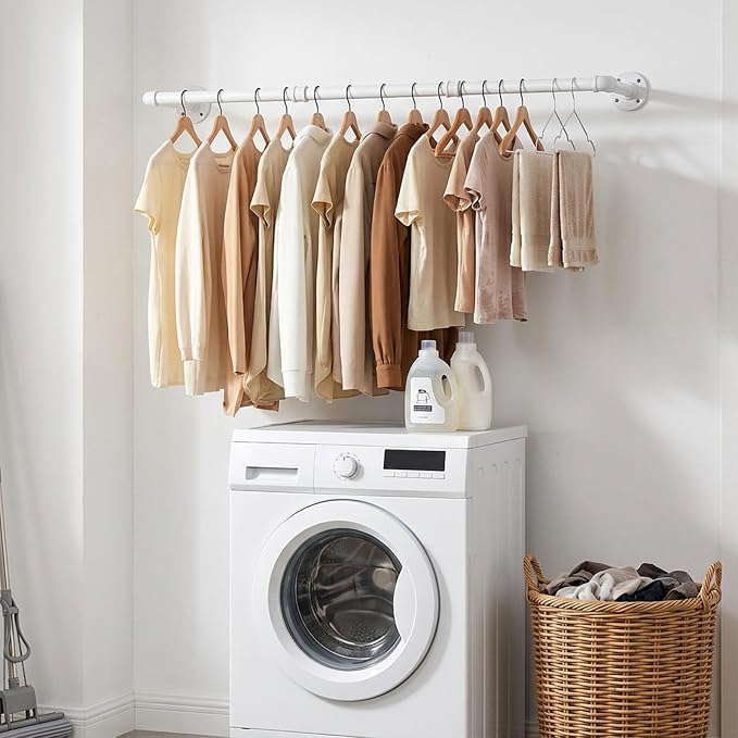 Industrial Iron Pipe Clothes Hanging Bar DIY Wall-Mounted Garment Rack Heavy Duty Clothing Rack for Bedroom, Laundry Room, Closet Storage (White 40 inch)