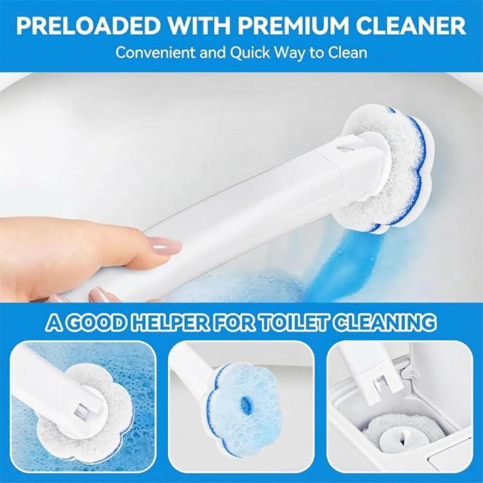 Disposable Toilet Brush System with 48 Refills, Wall-Mount Holder Set | Disposable sponge heads for cleaning the toilet. Drill-free wall mount saves space. Ergonomic handle for easy maintenance