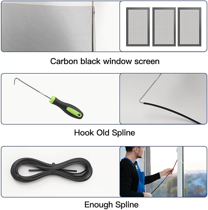 Window Screen Door Repair Kit Include Window Screens Mesh 48"x118" with All Tools in Window Screen Replacement(2pcs Screen Rollers, Screen splines, Hook, Utility Knife and Ruler), Yolovit