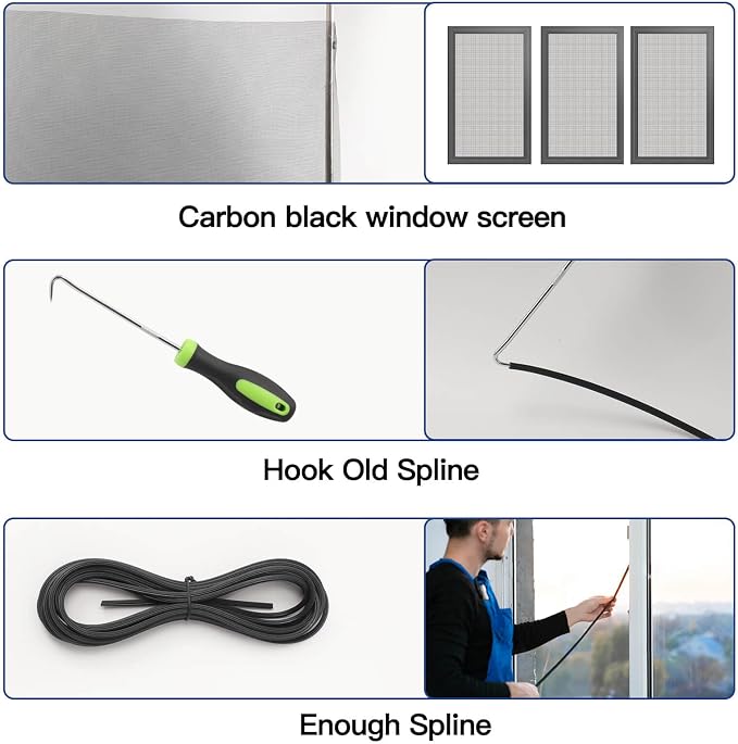 Window Screen Door Repair Kit Include Window Screens Mesh 48"x114" with All Tools in Window Screen Replacement(Screen Rollers, Splines, Hook), Yolovit
