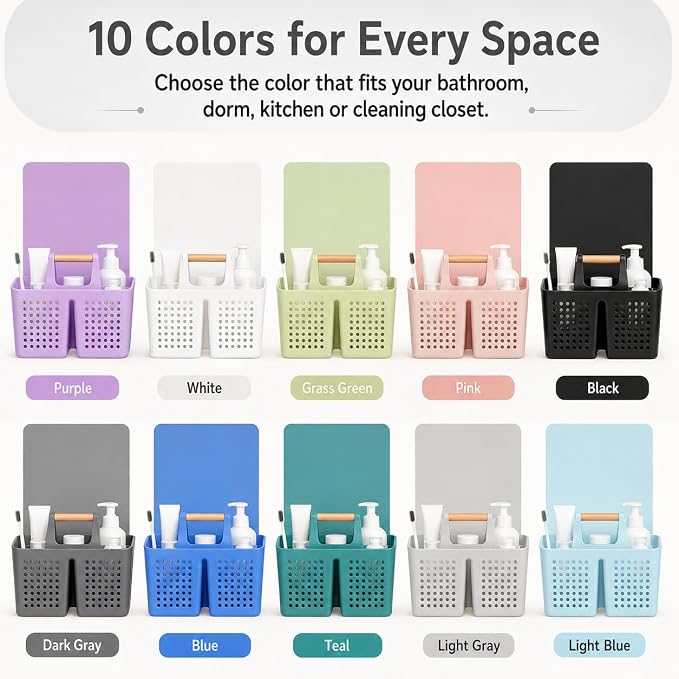 Portable Shower Caddy Basket with Wood Handle, 3-Compartment Bathroom Organizer Tote with Drain Holes, Plastic Shower Basket for Dorm, Toiletries, Cleaning Supplies,Light Gray