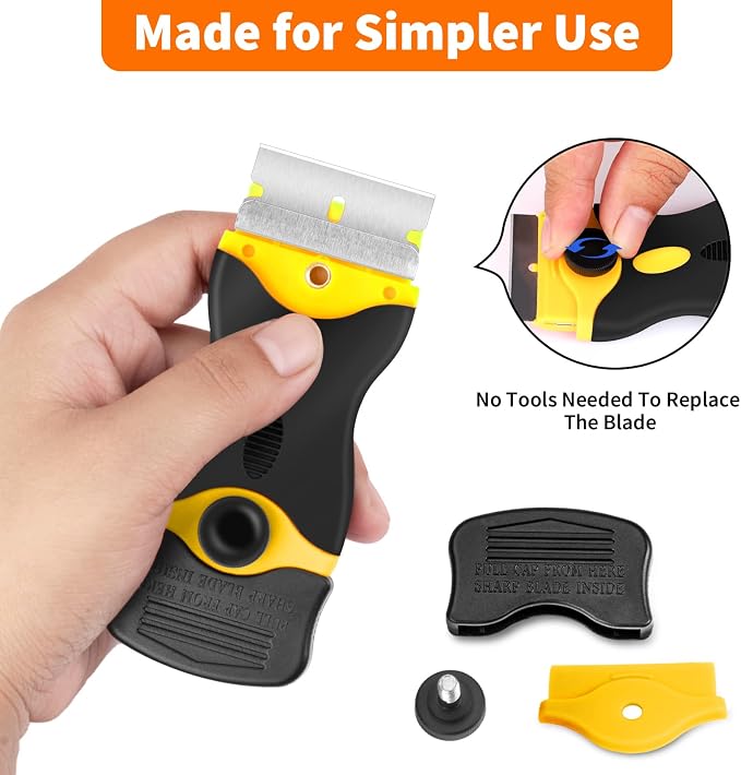 Razor Blade Scraper Tool - Razor Scraper with 40 Metal & Plastic Blades | Scrapper for Cleaning Paint, Decal, Adhesive, Label & Caulk, Glass Scraper for Window, Cooktop, Oven & Stove Top(Yellow)