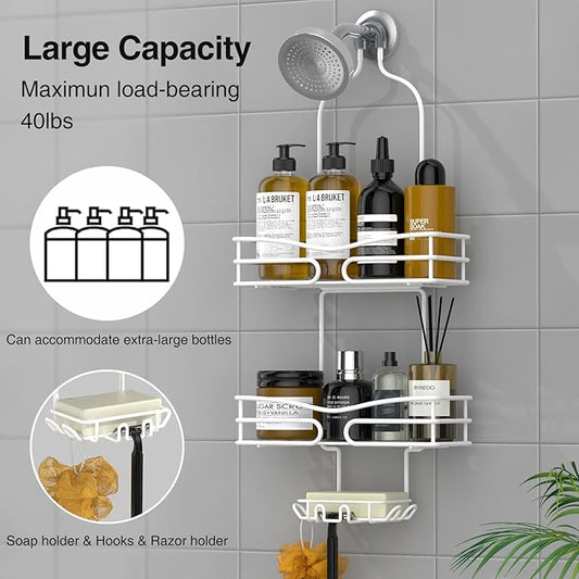DAOYA Over Head Shower Caddy - Bathroom Shower Organizer with Soap Holder & 6 Hooks for Towels, White, 76L Capacity, Hanging Mount, Rust Resistant