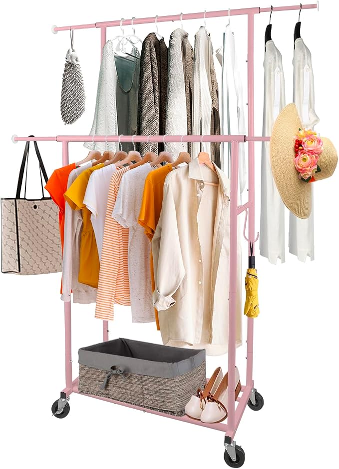 Fishat 48" W x 15" D x 67" H Portable Pink Double Rods Garment Clothes Rack | Metal Freestanding Hanging Organizer, Mobile Lockable Wheels, Portable Freestanding, for Storage, Drying, Bedroom