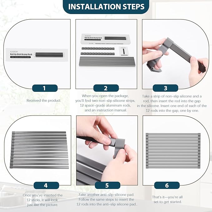 KABUM 17.72x11.81 Heavy-Duty Aluminum Alloy Roll Up Dish Drying Rack, Food-Safe Coating with Anti-Skid Silicone, Extra Wide & Thickened Sink Drying Rack for Kitchen Counter, Space-Saving Organizer