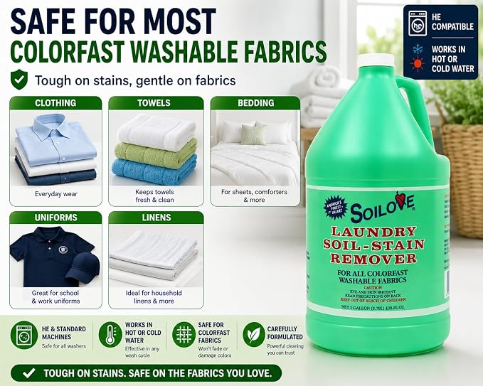 Soilove Stain Remover for Clothes, 128 oz Triple-Acting Laundry Prewash, Clings, Penetrates & Lifts Tough Stains Including Blood, Grease, Grass, Food, Coffee & Wine