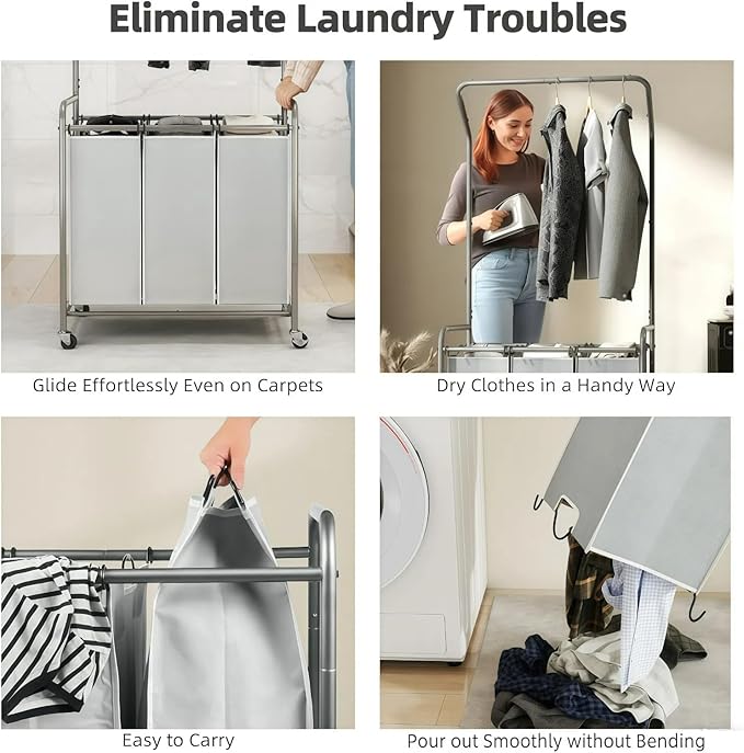ROMOON Laundry Sorter Hamper with Hanging Bar, 3 Section Laundry Cart | Rolling Laundry Basket Organizer with Clothes Rack & Heavy-Duty Lockable Wheels for Apartment, Dorm, Small Spaces, 135L, Grey