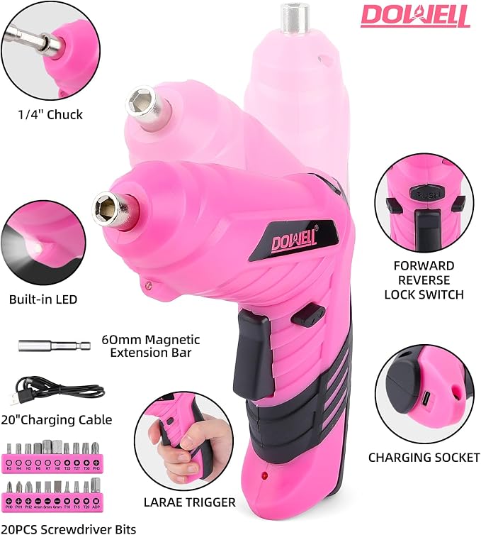 DOWELL Pink Tool Set with 3.6V Cordless Screwdriver Tool Kit, 143 Pcs | for Women, Homeowner Plastic Tool box Storage Case