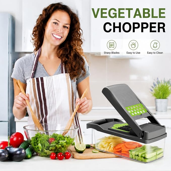 Vegetable Chopper, Onion Dicer & Mandoline Slicer with Container, Grey | Veggie Cutter with 8 Stainless Steel Blades & Drain Basket. Fast Food Chopper for Salad, Potato, Tomato, Cucumber & Carrot