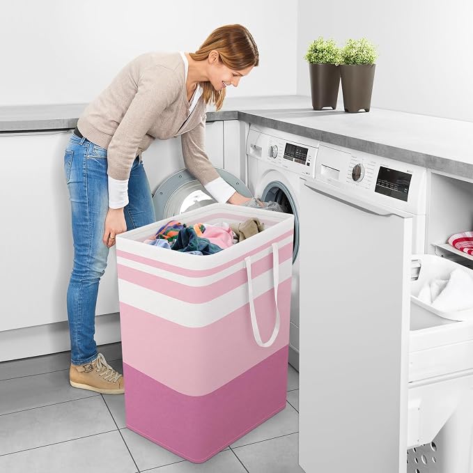 StorageRight Laundry Basket Hamper, 125L Collapsible Clothes Storage, Pink | Freestanding Clothes Hampers, Foldable design, with Easy Carry Handles, For Laundry, Bedroom, Dorm, Clothing, Towels, Toys