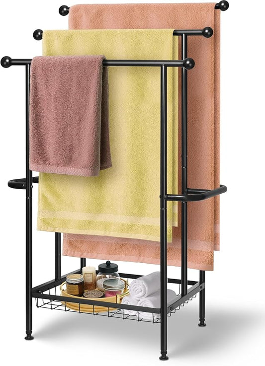 Freestanding Towel Rack for Bathroom, Pool & Outdoor, 3-Tier 39" Metal | Rust-resistant metal towel drying rack with storage basket, designed for oversized towels 24.4" L x 13" W x 39" H