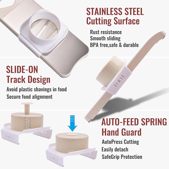 NACOLUS 6-Blade Mandoline Slicer with Slide-On Hand Guard - Vegetable Slicer, Carrot Shredder,Safe Potato/Garlic Slicer Vegetable Cutter, Waffle Fry Cutter (Beige, 6-in-1)