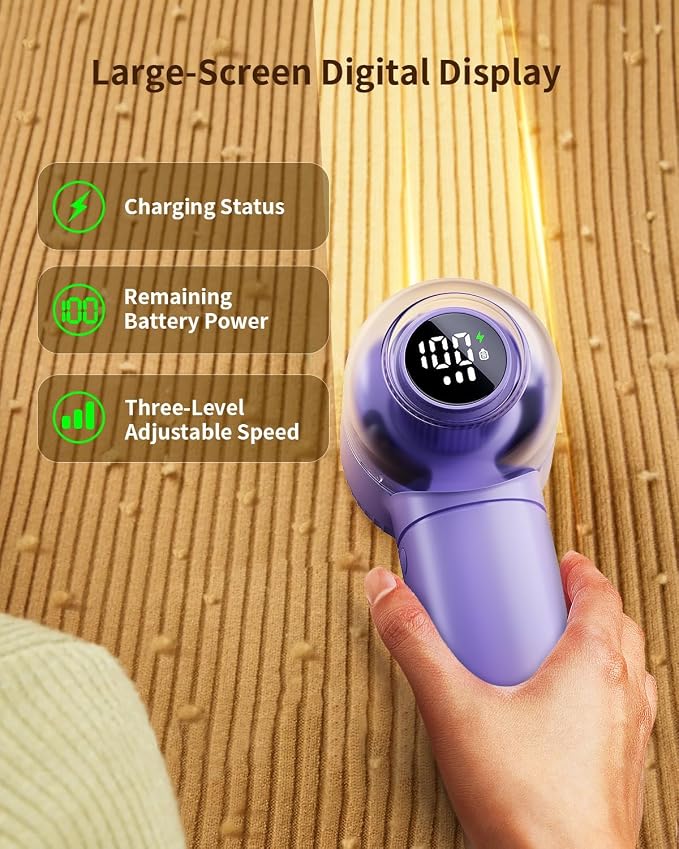 coldSky Fabric Shaver, 𝟮 𝗶𝗻 𝟭 Lint Remover with Brush, 1200mAh Sweater Shaver with Digital Display,3 Speeds Lint Shaver, 6-Leaf Blades Lint Remover for Clothes, Sofa, Bedding,Purple | Digital Display, 3 Speeds, 6-Leaf Blades, 1200mAh Rechargeable L...