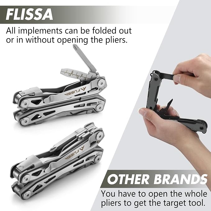 FLISSA 16-In-1 Multi Tool, EDC Multitool, Silver | Gift for Men, Stainless Steel, Pocket Knife, Pliers, Belt Clip, Oxford Sheath, Safety Locking, For Camping, Outdoor