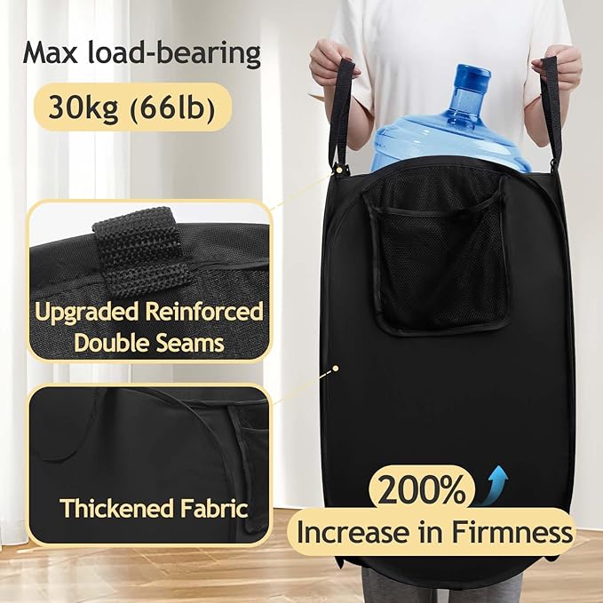 House Again Upgraded Polyester Pop-up Laundry Hamper, 70L (18.5 Gal) Laundry Basket with Durable Handles, Solid Bottom, High Carbon Steel Frame and Side Pocket, Easy to Open and Fold Flat for Storage