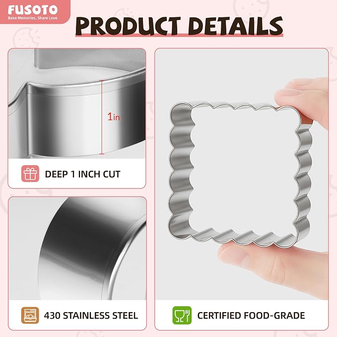 FUSOTO Square Cookie Cutter Set - 6 Piece Shaped Geometric Cookie Cutter for Kitchen Baking, Stainless Steel, (1.5", 2", 2.5", 3", 3.5", 4"), Square