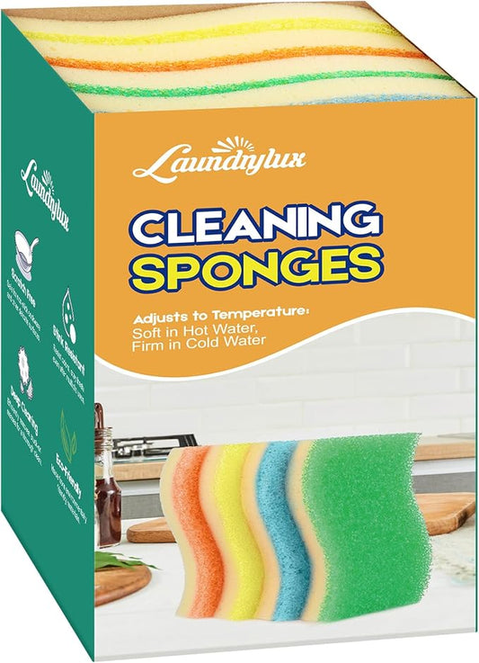 LAUNDRYLUX Scrub Sponge, 8 Pack Dual-Sided Temperature-Responsive Scrubber - Non-Scratch - Multipurpose Dish Sponges for Kitchens, Bathrooms, and Outdoor Use - S Shape