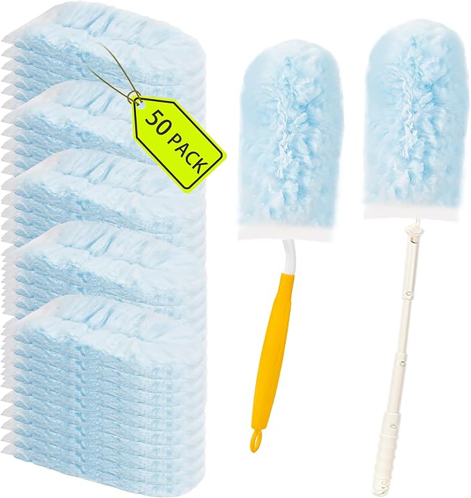 50 Count Duster Refills ，360° Heavy Duty Duster Refills Compatible with Swiffer Duster, Multisurface Heavy Duty Duster Replacements with 1 Short Handle and 1 Extenda Handle