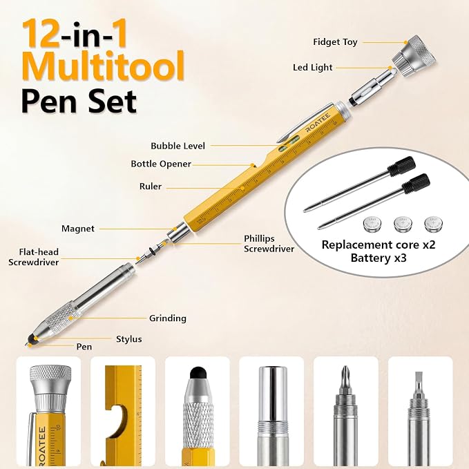 ROATEE Fathers Day for Men Multi Tool Pen 12 in 1 Cool Stuff Gadgets Gifts for Husband Birthday Personalized Gift for Dad Fidget Construction Pen with Small Screwdriver, Level, Ruler,Led Light,Yellow
