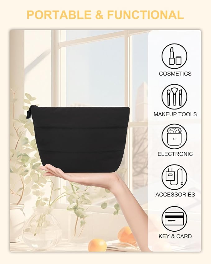 Relavel Mini Makeup Bag, Cute Toiletry Bag Organizer, Black | Smaller Cosmetic Pouch for Women, Portable Traveling Car Bag for Essentials with Compartment