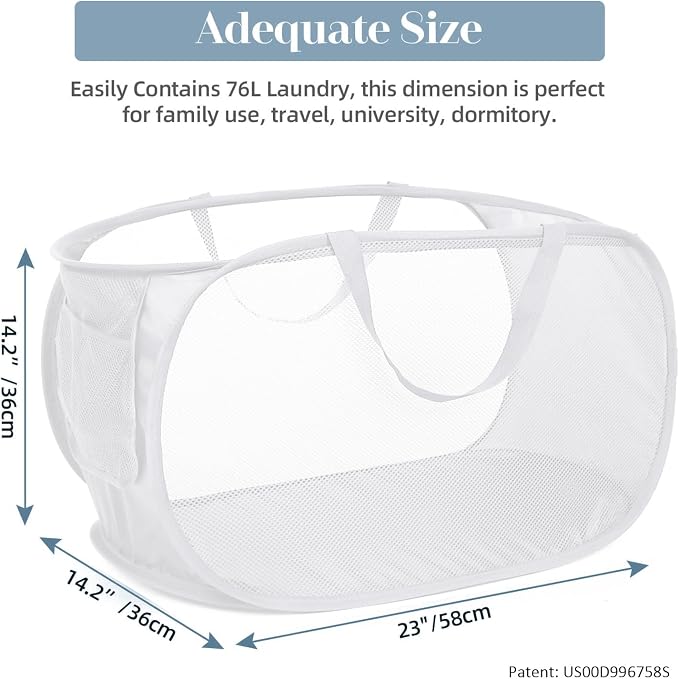 Strong Mesh Pop Up Laundry Basket, Collapsible Laundry Hamper with Side Pocket, Foldable Clothes Pop Up Hamper with Durable Reinforced Handles for Laundry, Bathroom, Kids Room, Dorm or Travel White