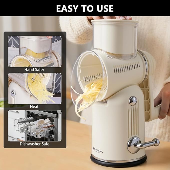 Rotary Cheese Grater with Handle – Includes 5 Stainless Blades and Feature Strong Suction Base – Easy to Clean, Cheese Shredder Hand Crank, Multi-Purpose Slicer (White)