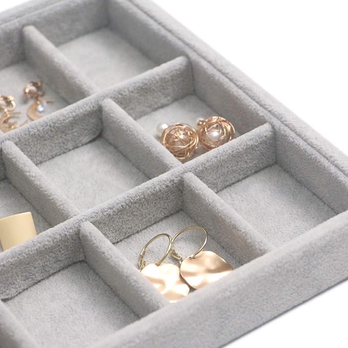 DIOMMELL Set of 4 Stackable Velvet Jewelry Trays Organizer, Jewelry Display Storage Box Showcase Holder Dresser Drawer Organizer for Earring Necklace Bracelet Ring Accessary, Grey